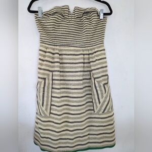 Anthropologie Maeve Strapless Dress Size 6  Pockets Beige Black W/Green Hem Edge